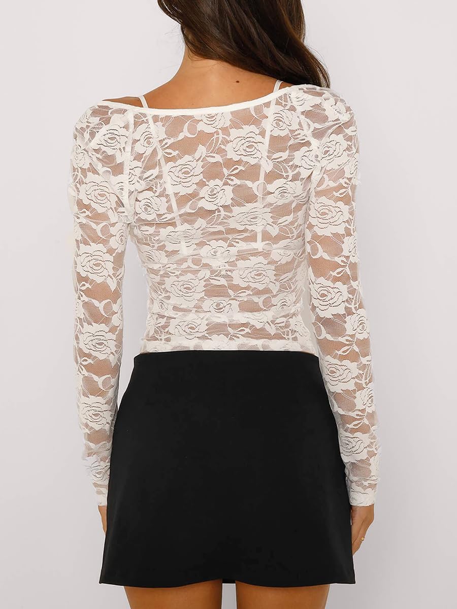 Chloefairy Sexy Flower Lace Crop Tops for Women Long Sleeve Mesh See Through Bodycon T-Shirt Blouse with Bra Set Clubwear - Image 4