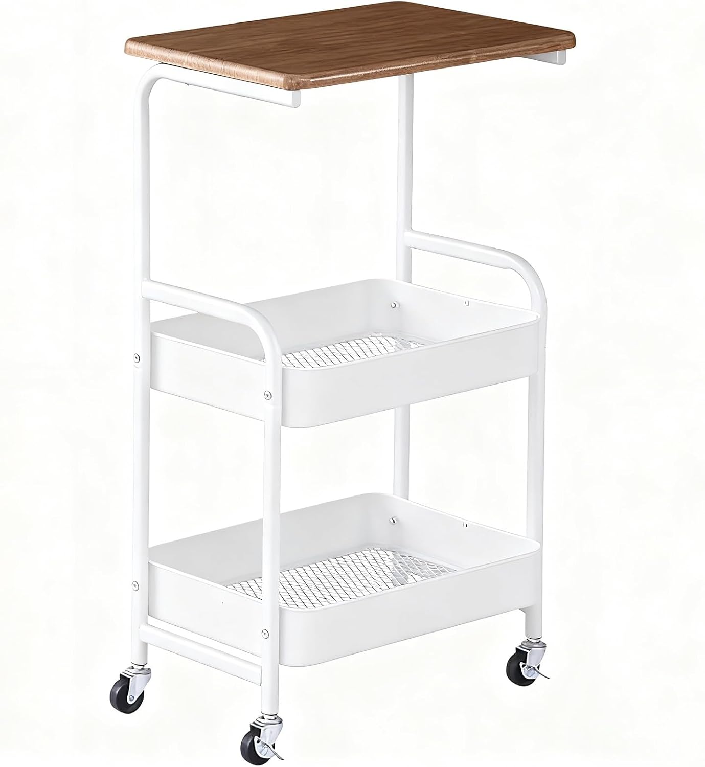 3-Tier Rolling Cart with Wheels - Carbon Steel & 7cm Raised Mesh Baskets - Versatile Kitchen & Laundry Storage Solution for Narrow Spaces - White Finish