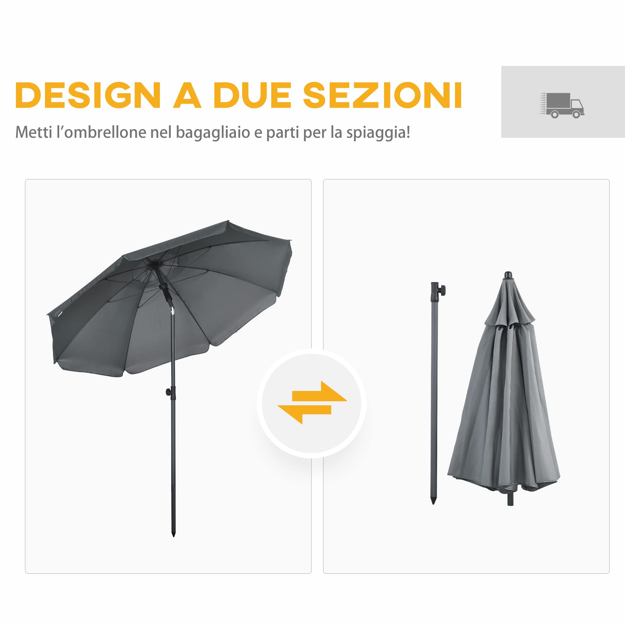 Outsunny Ombrellone da Spiaggia Ø1.8x2 m con Tettuccio Reclinabile a 45°, Ombrellone da Esterno con 8 Stecche e Design a 2 Sezioni in Acciaio e Poliestere 160g/㎡, UV50+