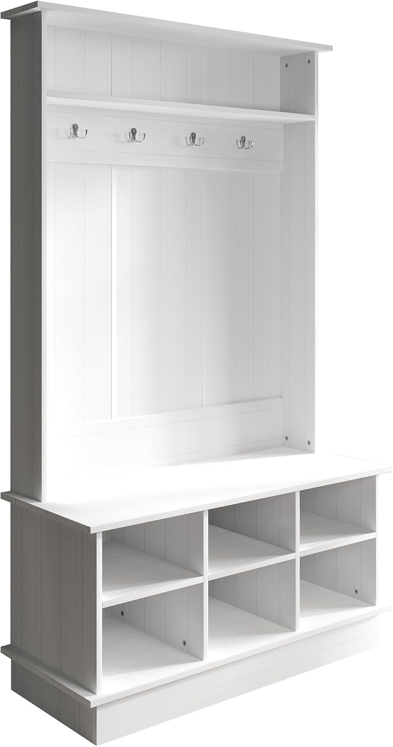 Entryway Hall Tree with Bench and 6 Storage Cubbies, White