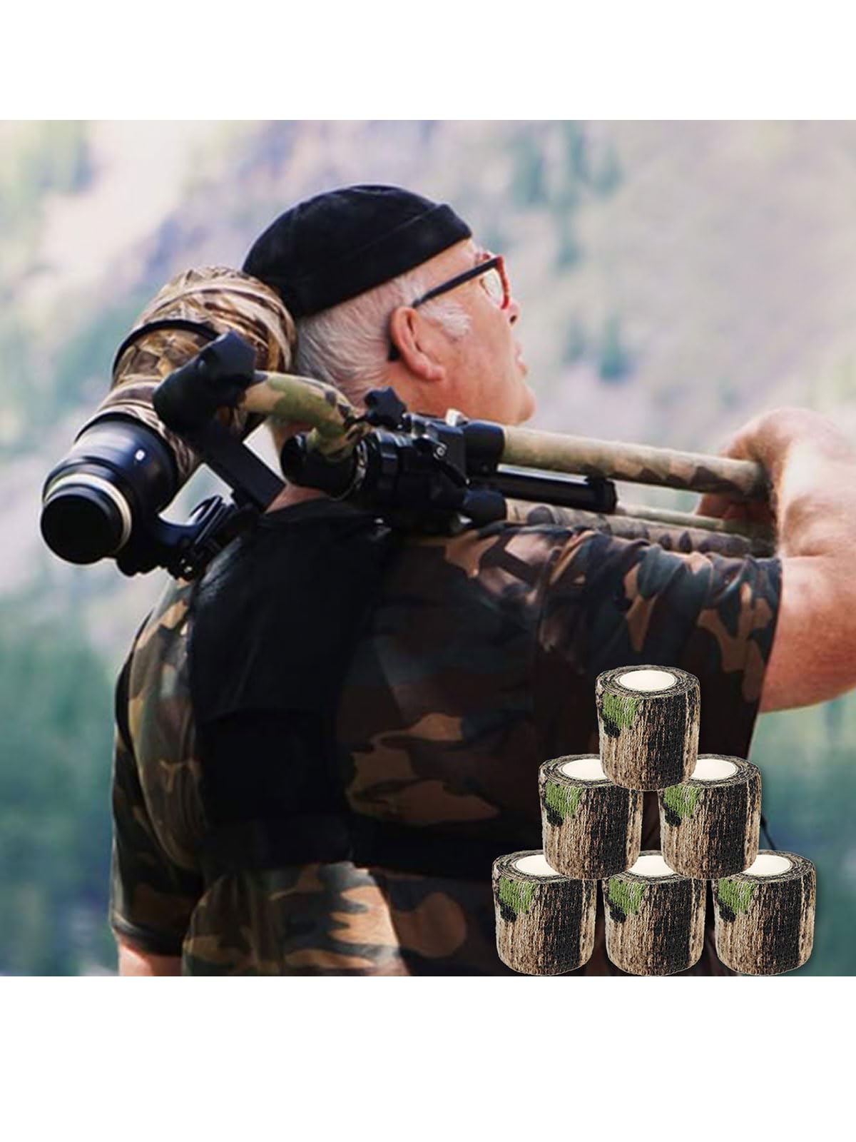 Camo Wrap Tape, 6 Rolls Military Self-Adhesive Stretch Bandage for Hunting, Camping, Camera, Flashlight, Bicycle, Outdoor Gear (Forest)