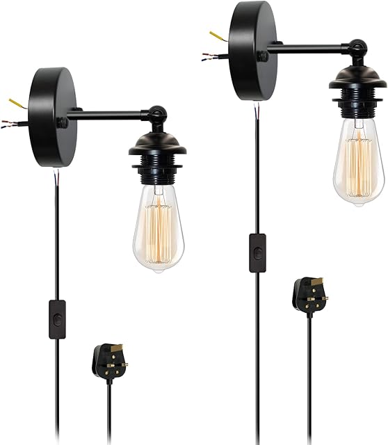 YHZNAGEM Vintage Metal Plug in Wall Light,2 Pack Industrial Wall Lights Sconces Plug in E27 Screw Socket Wall Sconce Set Wall Lamp with On/Off Switch(No Bulb)
