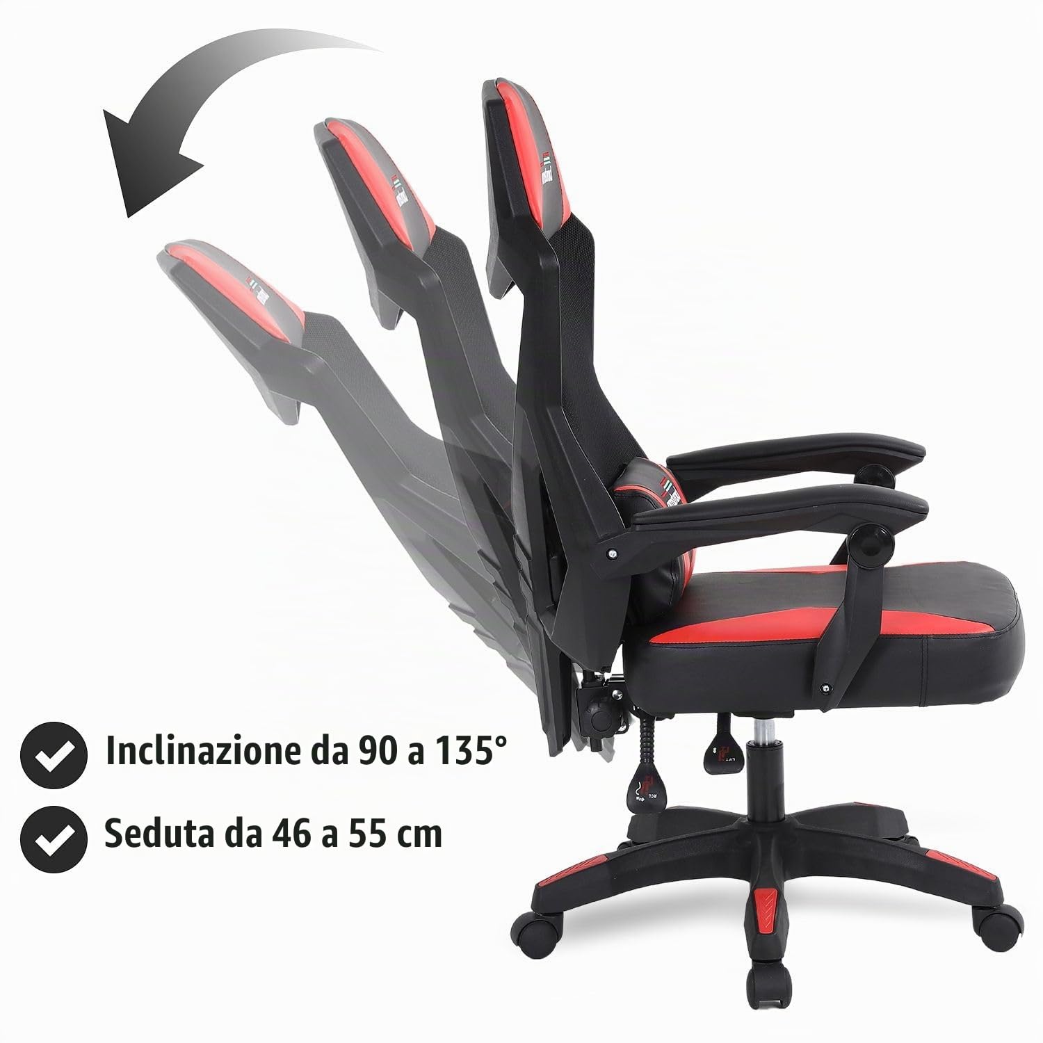 Sedia Gaming 02-RED, Rete Traspirante, Schienale Reclinabile 135°, Cuscino Lombare, Nero e Rosso