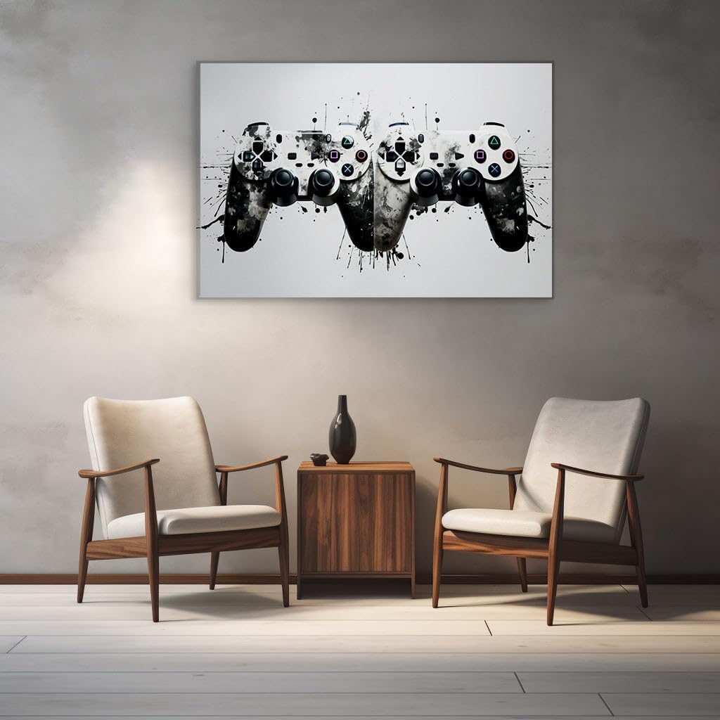 Canvas for Living room. Splattered Elegance: Dual-Toned PlayStation Controllers Unveiled, 27 x 18 inch Canvas Wall Art - Ready to Hang