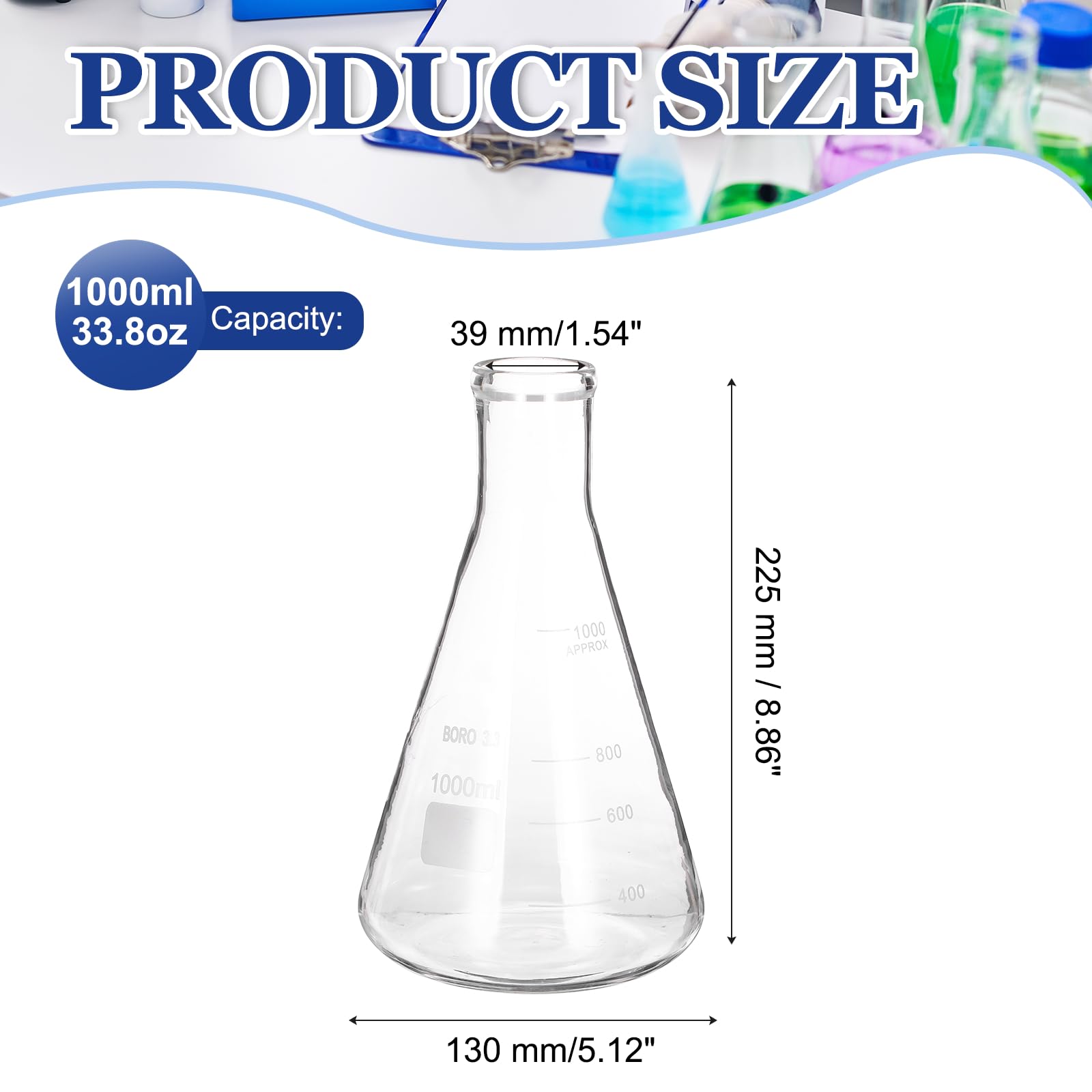 PATIKIL PATIKIL Matraz Erlenmeyer De Boca Vidrio De Silicona Arena Transparente|Estrecha 1000ml 33.8oz Borosilicato 3.3 Con Tapón Núcleo De Matraces Graduados Con Escala Impresa Para