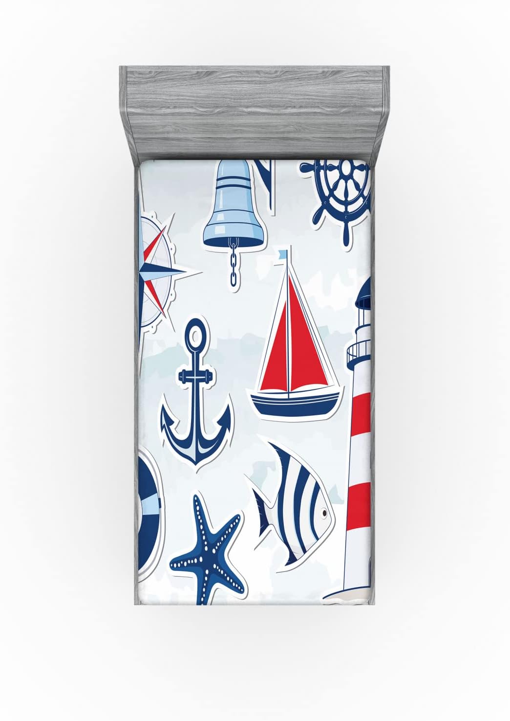 Lunarable Nautical Fitted Sheet, Bell Summertime Theme Starfish Flags Holidays Traveling Exotic Beach, Soft Decorative Fabric Bedding All-Round Elastic Pocket, Twin Size, White Blue