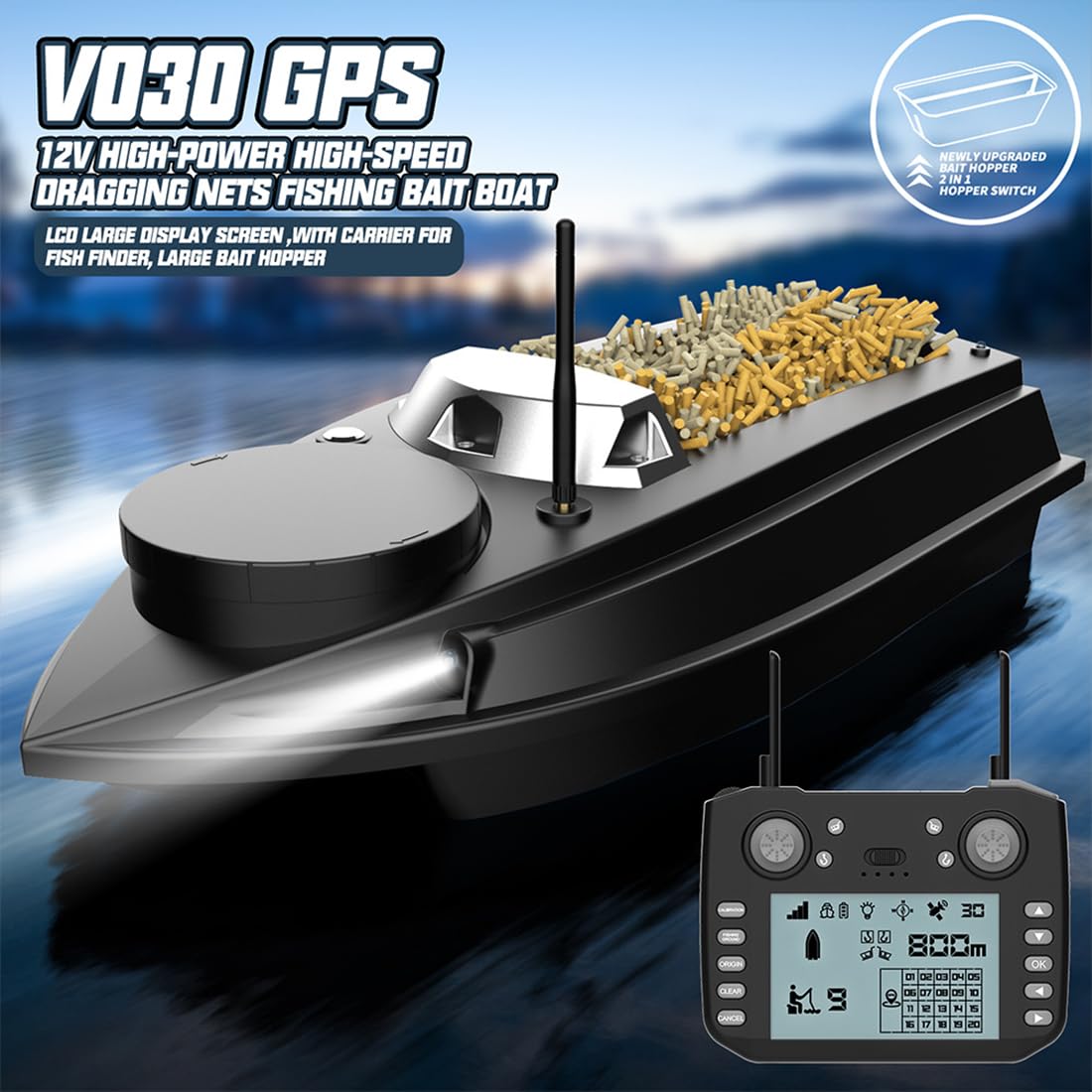 RC Bait Boat, V030 12V 2.4G GPS ad alta velocità Esca da pesca barca 800 m telecomando con 40 waypoint e capacità 3 kg Dual-Hopper, ideale per la consegna di esche pesca alla carpa