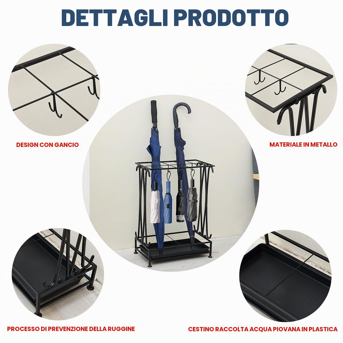 Portaombrelli da Interno, Salvaspazio Porta Ombrelli per Esterno, Portaombrelli Design Moderno per Casa, Grande, Metallo, Nero, Rettangolari