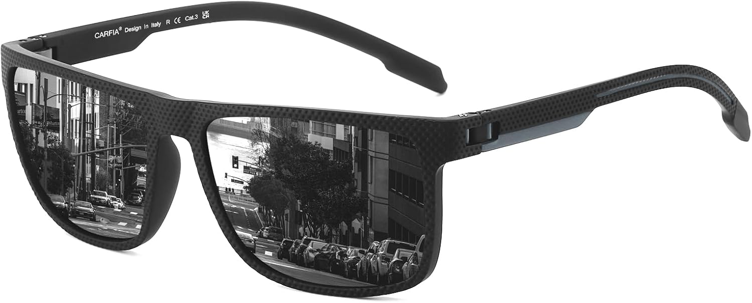 CARFIA Polarized Men's Sunglasses with Leather Case, Lightweight TR90 Sun Glasses UV Protection for Fishing Driving Cycling