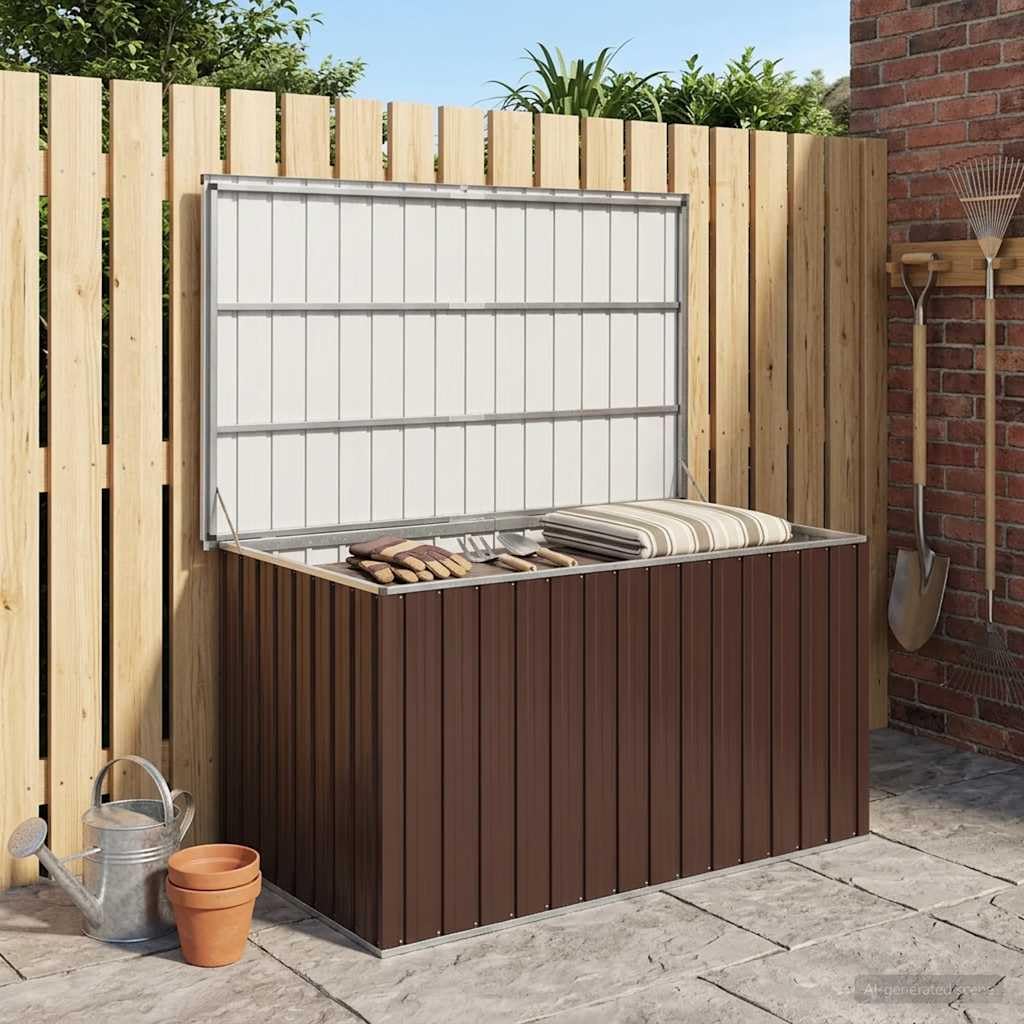 Gartenbox Braun verzinkter Stahl 171 x 99 x 93 cm mit Klappdeckel, wasserdicht, wetterfest Stauraum für Kissen, Auflagen, Polster, Outdoor Aufbewahrung für Balkon, Terrasse, Garten