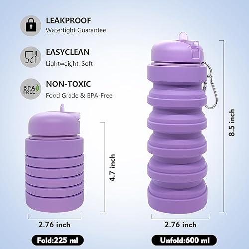 Miniatura 3 de Fortek Botella de agua plegable reutilizable de silicona morada para viajes al aire libre, camping, senderismo, deportes, gimnasio, esencial fácil