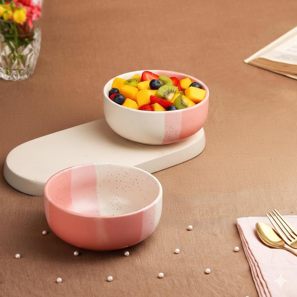 IZZYLYF 'Tricolor Pink' Ceramic Snack Bowl Set of 2 (500 ml Each) | Microwave & Dishwasher Safe Bowl Set for Party, Dinner Table & Gifting | Stylish & Fancy Bowl Set for Snacks, Desserts & Salads 2