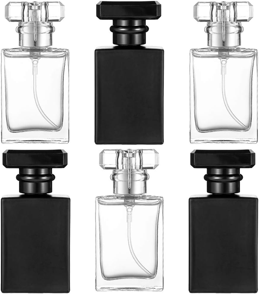 SYBiTeng 6 Pack 30ml / 1 oz. Clear Black Perfume Bottle empty, Portable Square Empty Glass Perfume Atomizer Bottle with Spray Applicator (3 clear and 3 Black pack)