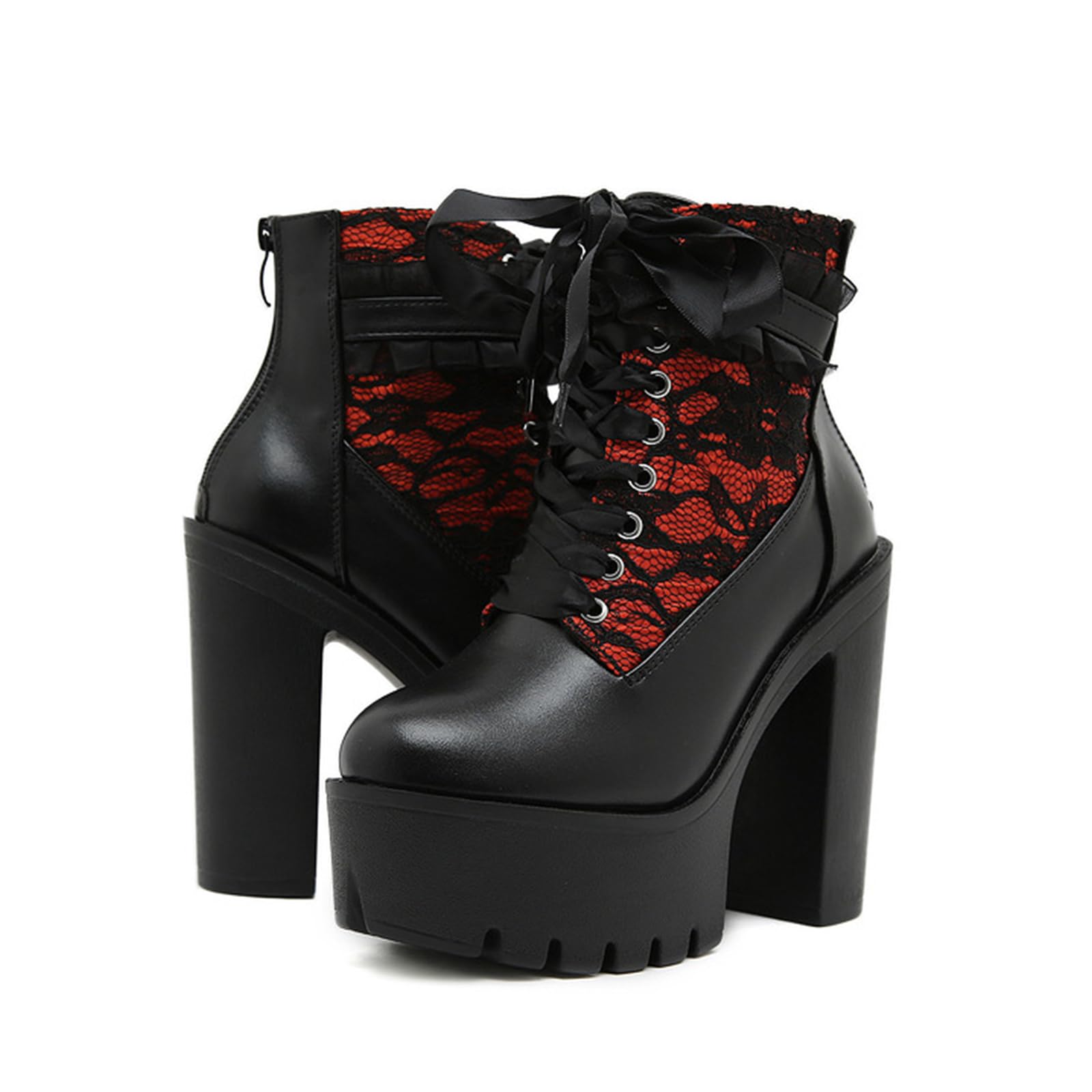 Women's Leather Lace Splicing Platform Chunky Heels Gothic Ankle Boots Classic Round Toe Lace up Back Zipper Fashion Thick High Heel Combat Boots