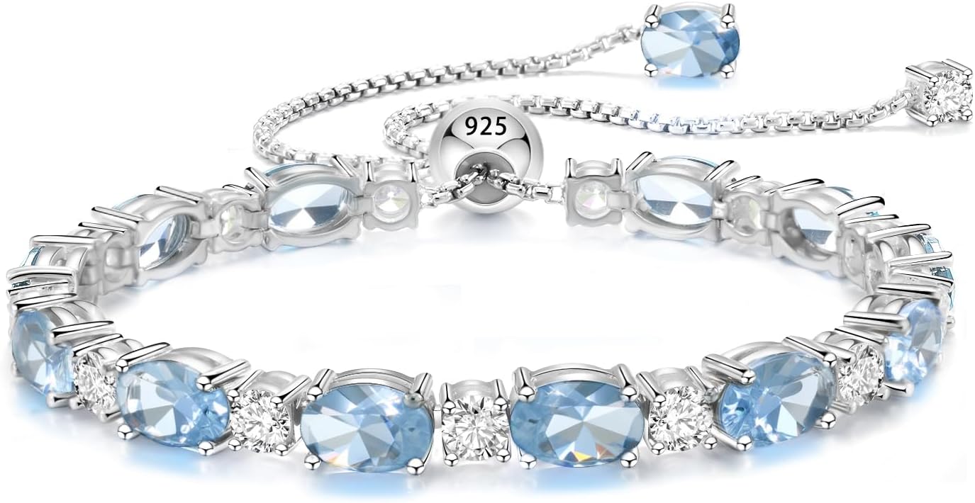 Adjustable Birthstone Gem Tennis Bracelet for Women, 925 Sterling Silver Plated with White Gold Chain