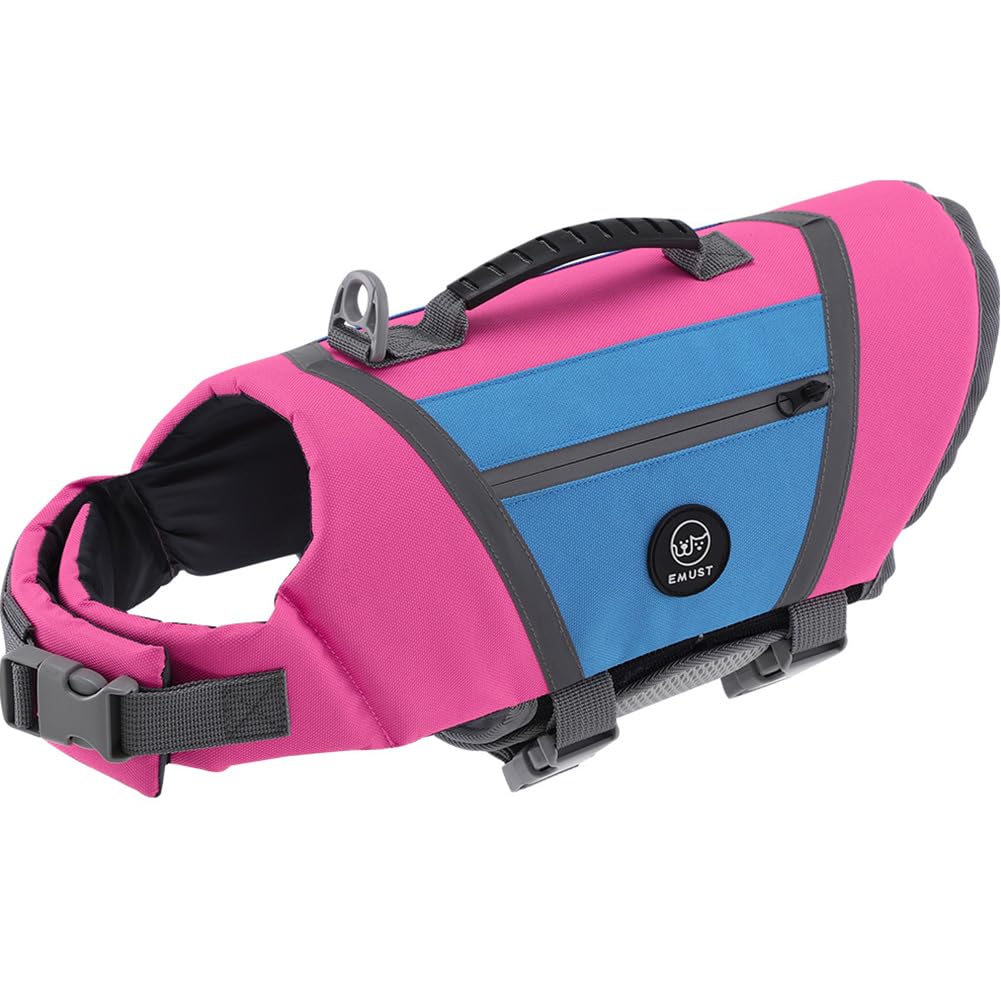 EMUST Dog Life Jackets, Durable Pet Life Jackets for Swimming, Boating with High Visibility, Stylish Dog Swimsuit with D-Ring for Swimming, Boating, Kayaking, Pink&Blue, XL