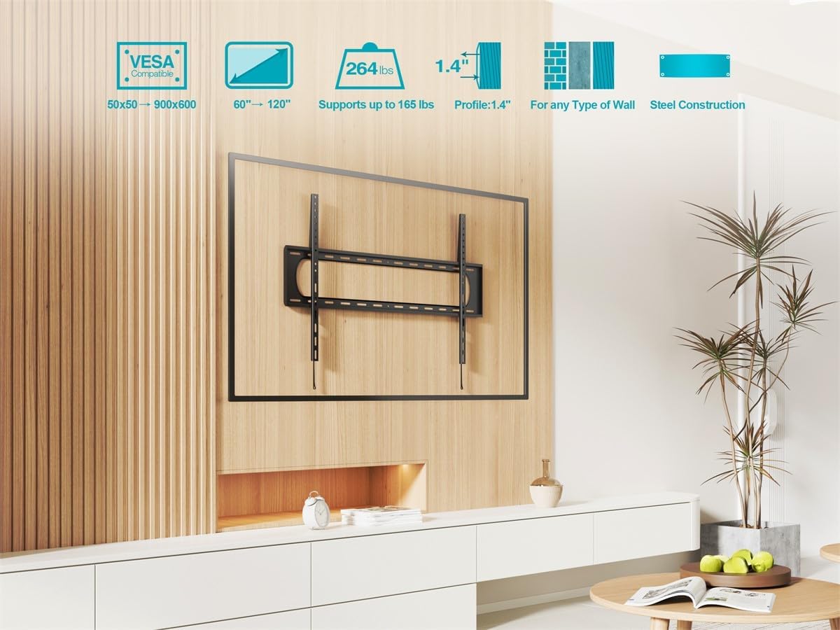 Monoprice Low Profile Fixed TV Wall Mount - TVs 60in-100in, Up To 220 lbs, VESA 900x600 - EZ Series