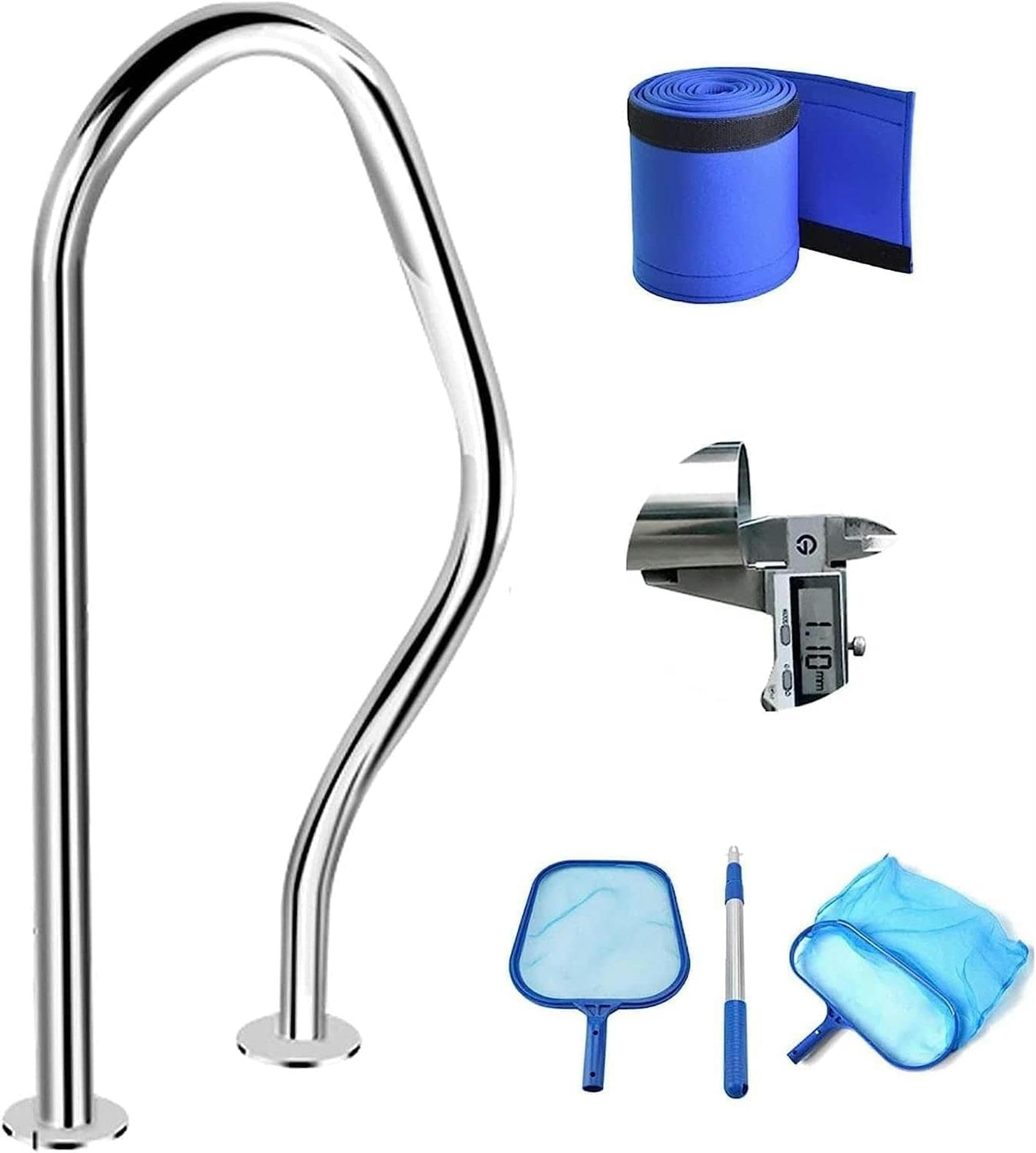 Main courante de piscine en inox avec housse et épuisette pour sécurité des bassins