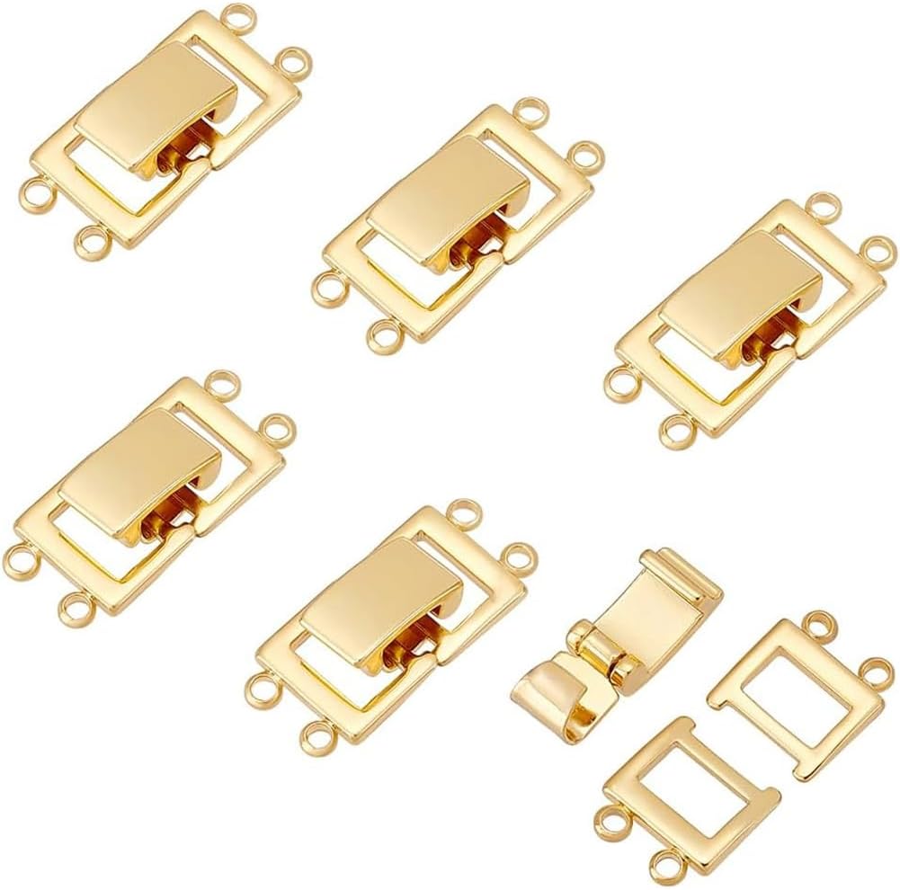 PH PandaHall 6pcs 14K Gold Plated Layered Detangler Clasp 2 Strands Necklace Layering Clasps Necklace Connectors Bar Links Slide Lock for Jewellery Making DIY Crafts, Golden 20x9x5mm, Hole: 1.5mm