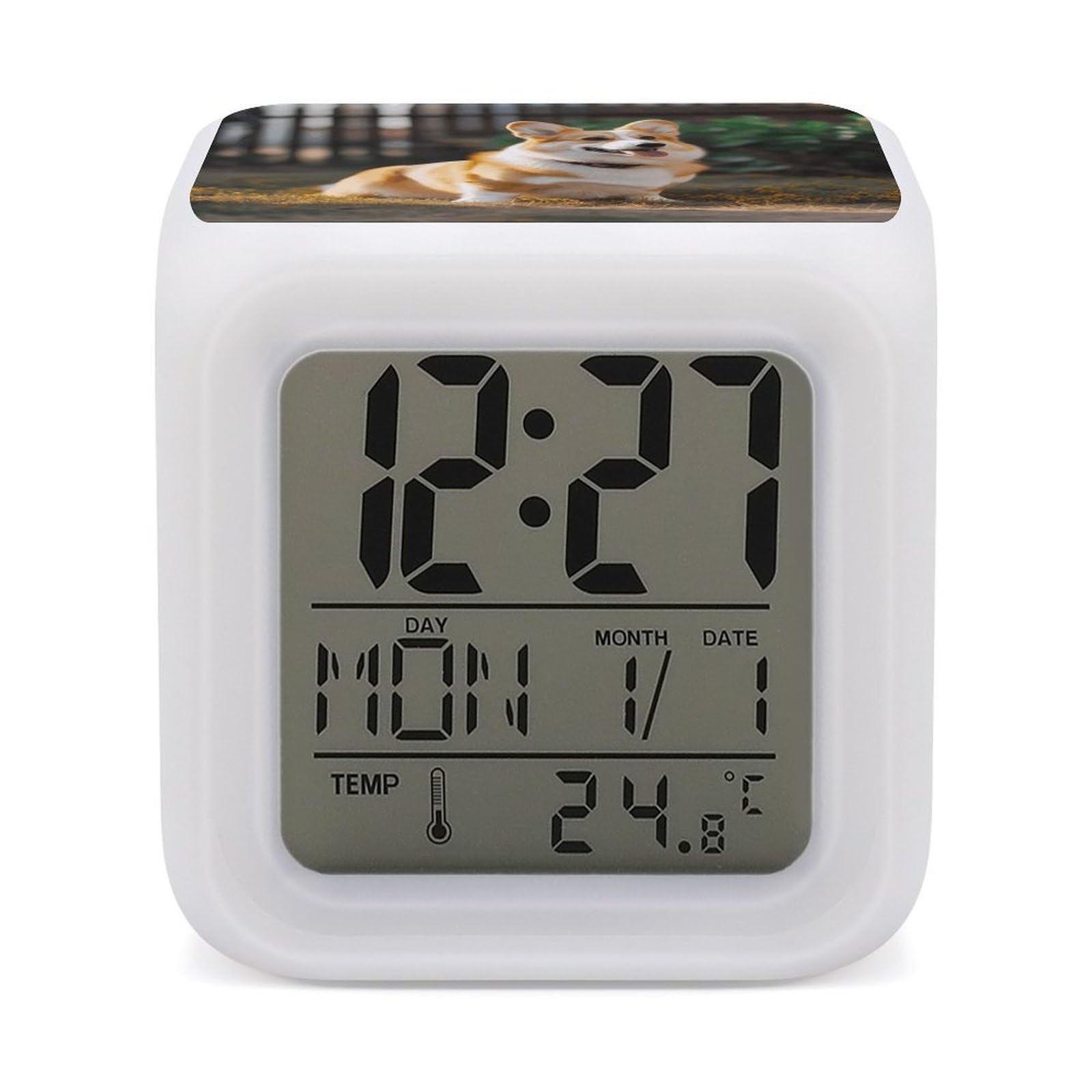JTREHY 7 Color Changing LED Digital Alarm Clock,Dog Corgi Printed Wake-up Clock with Temperature Display Home Decoration Alarm Clock for Bedroom Office