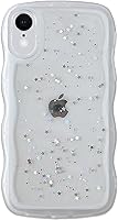 Vista 138 de Qokey para iPhone 14 Plus Funda de 6.7" con diseño de borde ondulado rizado, transparente, con purpurina, brillo, estrellas, brillante, lindo