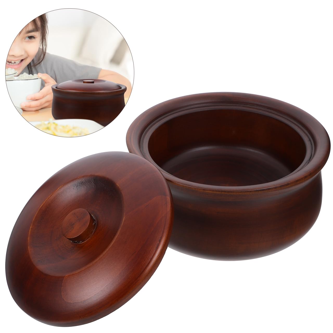 Saladier en bois massif avec couvercle pour fruits, riz, nouilles et soupe, bords lisses, facile à 0,20,3 x 17 x 7,49 cm pour la maison, la cuisine, la salle à manger