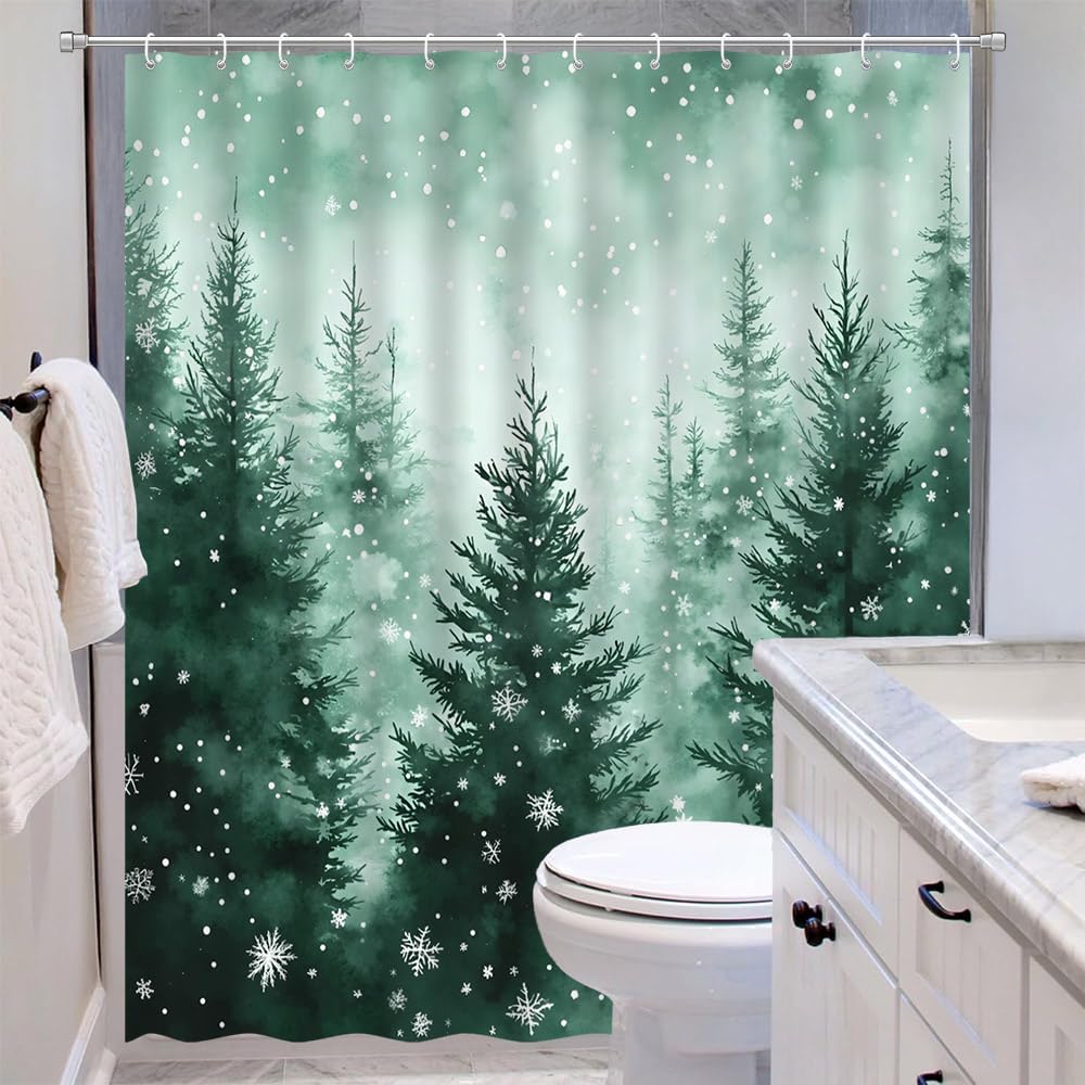 Winter Forest Snowy Shower Curtain Green Christmas Tree Pine Spruce Trees Mist Fir Farmhouse Xmas Snowflakes Nature Landscape Rustic Bathroom Decor Set with Hooks