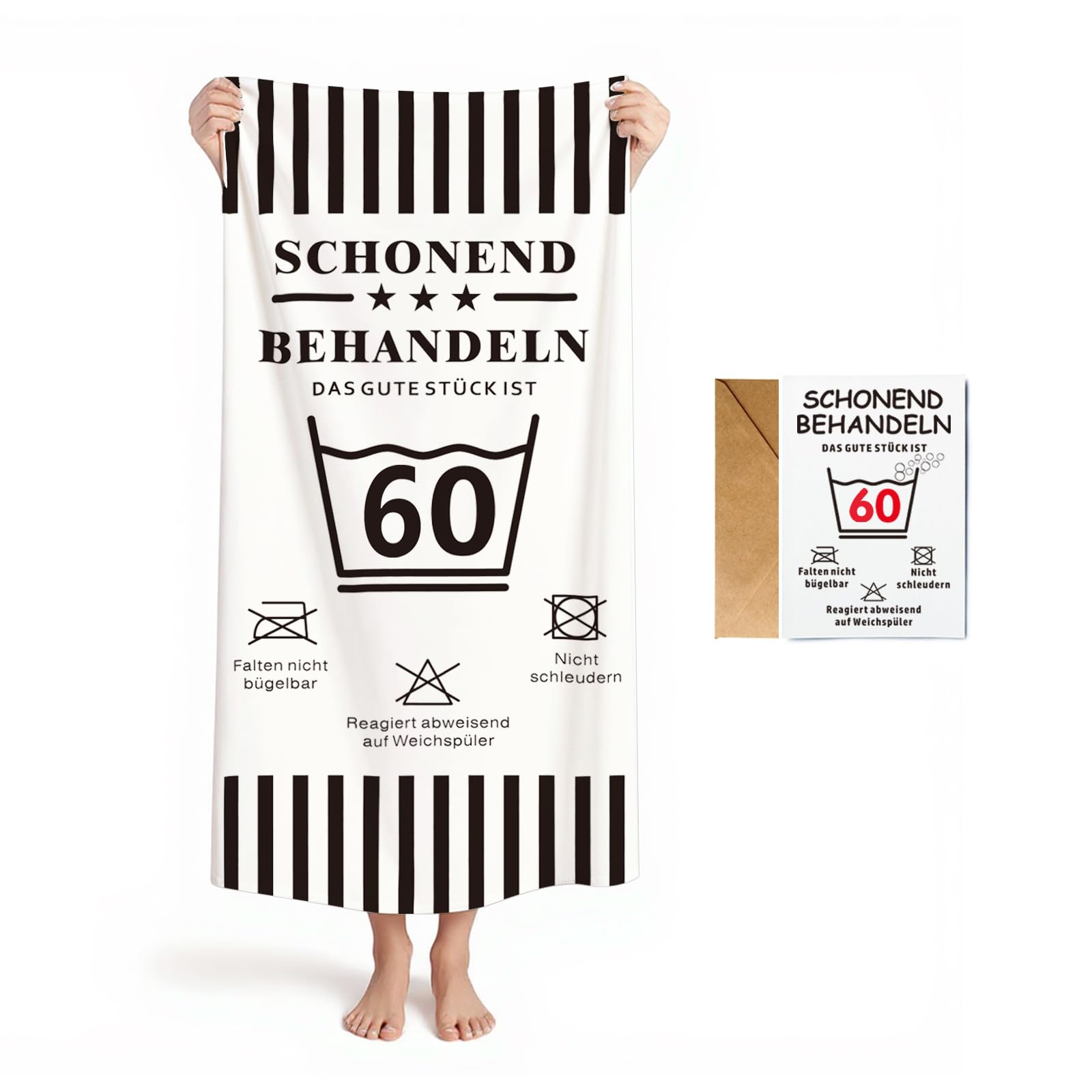 Geschenke zum 60. Geburtstag - Weiß Handtuch & Strandtuch mit Geburtstagskarte 60(160x80cm)- Schonend behandeln Das Gute Stück ist 60 - Lustige Geschenk 60 Geburtstag für Männer & Frauen