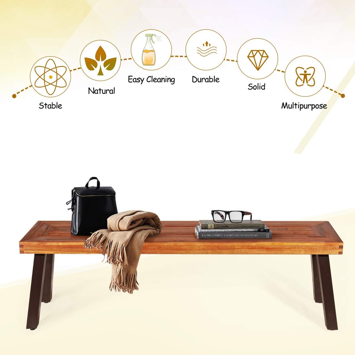 Giantex Acacia Wood Bnech, 3-Person Backless in/Outdoor Patio Dining Bench with Metal Legs for Entryway, Balcony, Porch, Backyard, Garden and Poolside (1, 60" W)