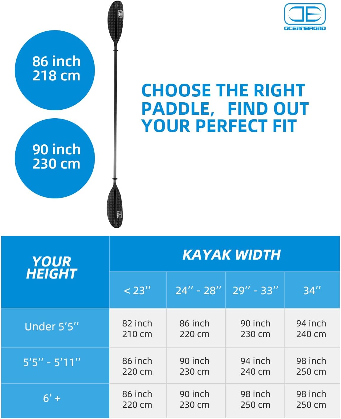 OCEANBROAD Carbon Fiber Kayak Paddle 90.5in/230cm, 86in/218cm for Adults Kayaking Boating Canoeing Oar with Paddle Leash