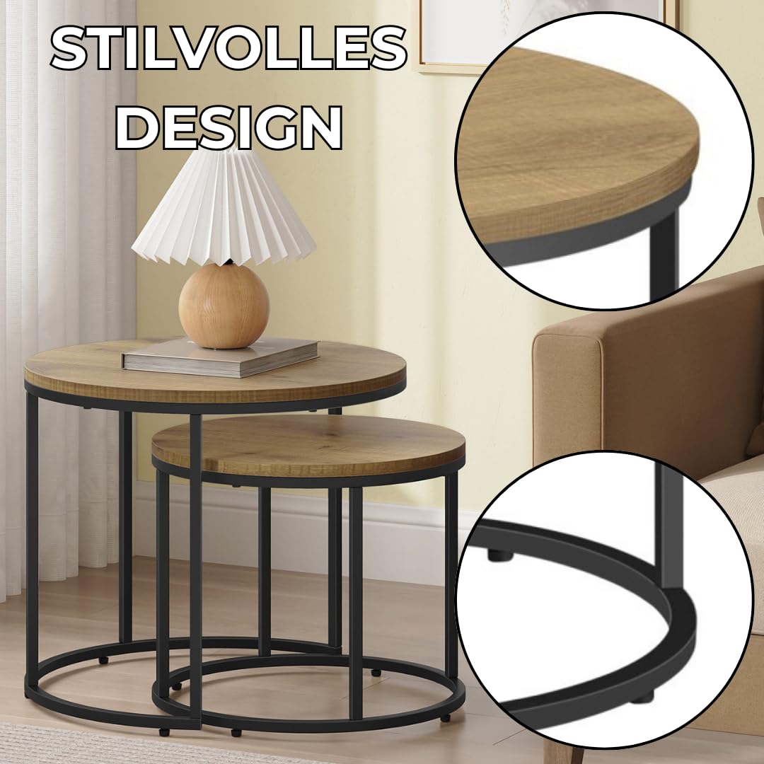 FORTENA 2er Set Couchtische, Schwarze oder goldene Metallbeine, Industrial-Stil, Raund (Eiche – Schwarze Tischbeine)