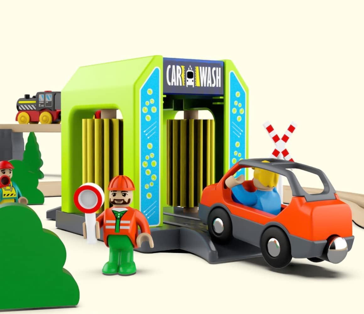 Accessori Ferroviari in Legno Autolavaggio per Ferrovia, Giocattolo Treno Compatibile con Tutte le Principali Marche di Sistema di Treno-Set, Stazione Ferroviaria per Bambini