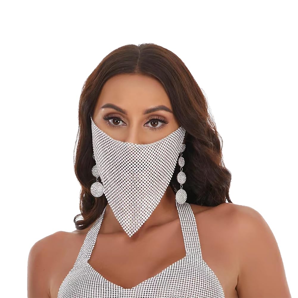 Bling Rhinestones Mesh Punk Mask Masquerade Crystal Half Face Triangular Veil Party Ball Costumes Adjustable Chain Fancy Dress Face Cover Makeup Prop for Couple Games Carnival Night Club Belly Dance