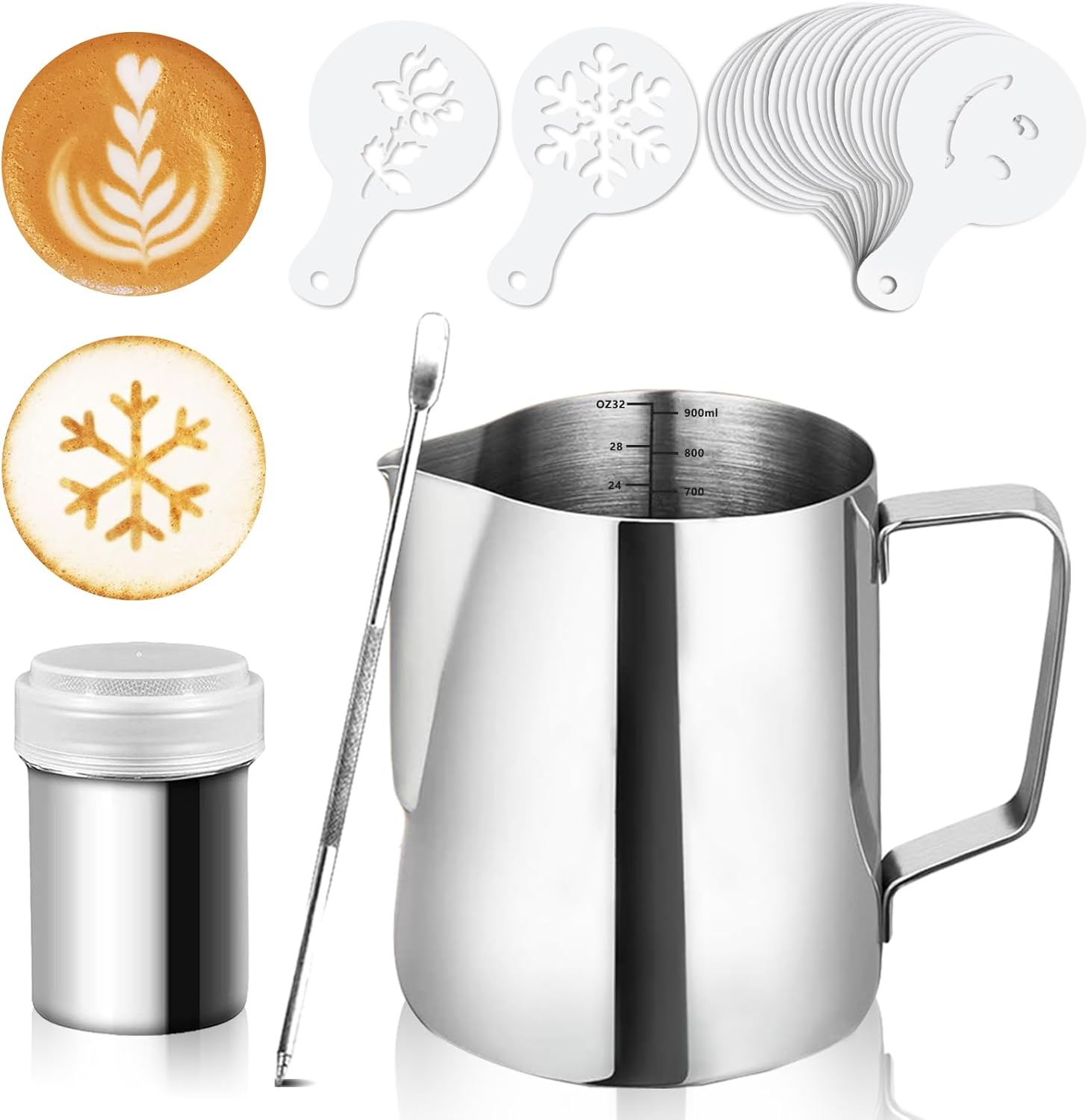 Artcome 32oz/900ml Stainless Steel Milk Frothing Pitcher with Measurement Inside – Cappuccino Pitcher Pouring Jug Espresso Cup – Perfect for Espresso Machines, Milk Frothers, Latte Art (33 PCS)