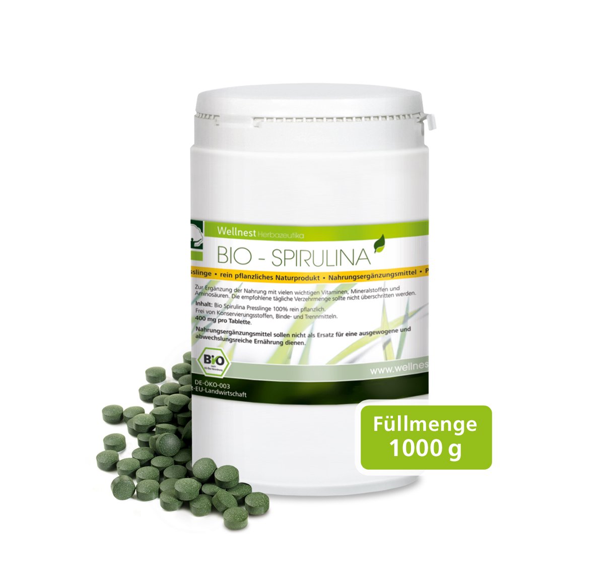Bio Spirulina 1000 g | Detox Superfood mit hochwertigem Protein | Rückstandsgeprüft in deutschem Labor | Vegan | 2.500 Presslinge à 400 mg