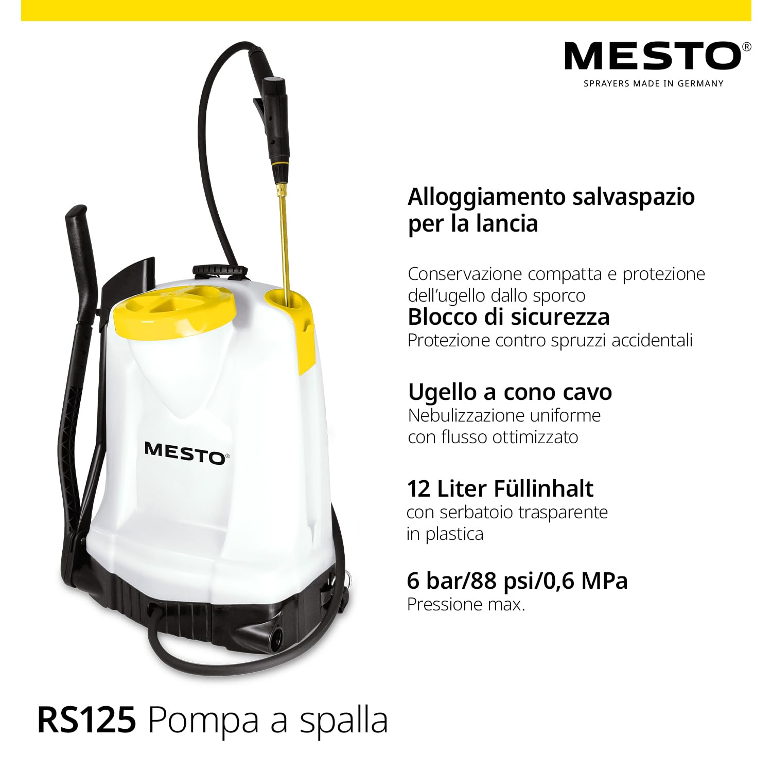 MESTO RS125 Pompa irroratrice a spalla 12 L con schermo di spruzzo rotondo | Spruzzatore a pressione 6 bar | Nebulizzatore piante per giardino e diserbo | Attrezzature da giardinaggio