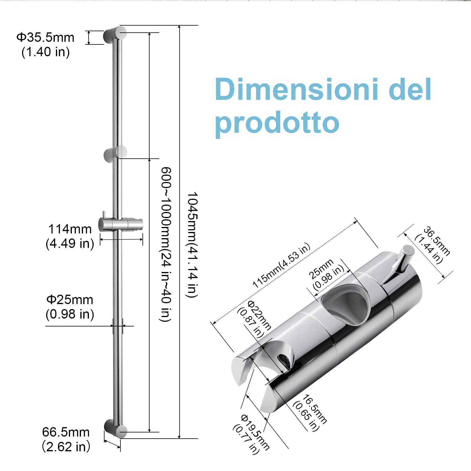 OFFO Saliscendi Doccia 100 cm,Asta Doccia a Parete,Distanza Regolabile da 60 a 100 cm,con Supporto per Asta Doccia Saliscendi,Sali Scendi per Doccia di Ricambio,Cromo