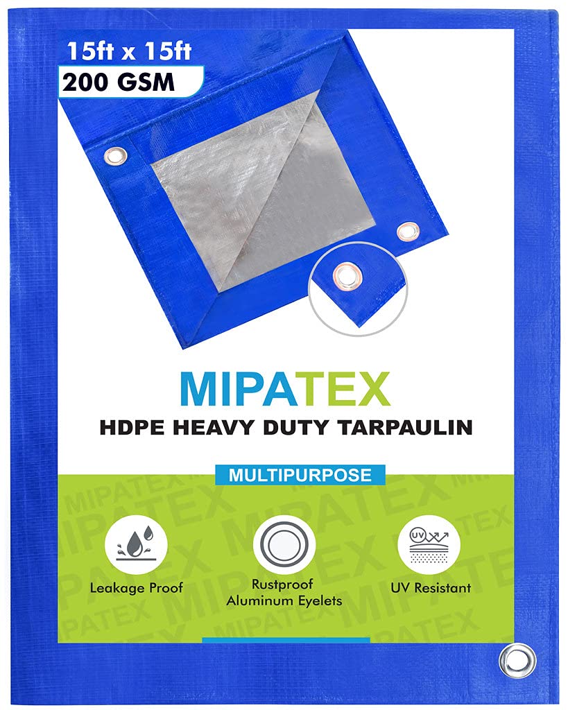 Mipatex Tarpaulin Sheet Waterproof Tirpal Heavy Duty 15ft x 15ft, Poly Tadpatri with Aluminium Eyelets Every 3 feet - Multipurpose 200 GSM Plastic Cover Tharpai for Truck, Home Roof, Rain (Blue/Silver) (B083ZZSS7M) Amazon Price History, Amazon Price Tracker