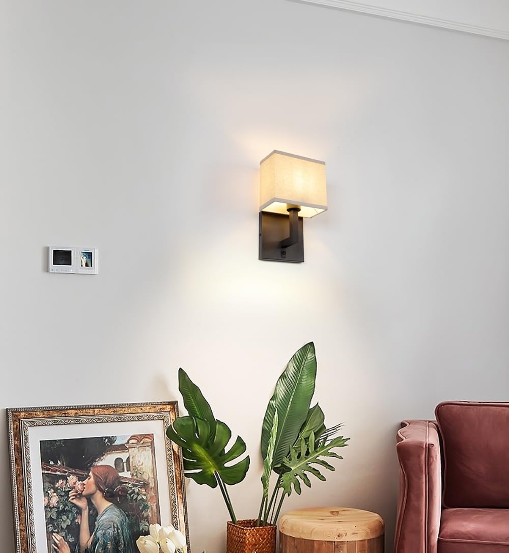 Yosoan Boho Fabric Wall Sconce with On Off Switch, 1-Light Brass Hardwired Vanity Retro Indoor Vintage Industrial Wall Mount Lamp Fixture Lighting for Bedside Living Room Stairwell Hallway Home(Black)