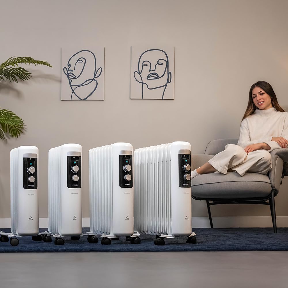 Cecotec Radiador Eléctrico de Aceite Bajo Consumo de 9 Módulos ReadyWarm 950 Space White. 2000W, 3 Niveles de Potencia, Sistema de seguridad y Ruedas, Ideal para 20m², Blanco