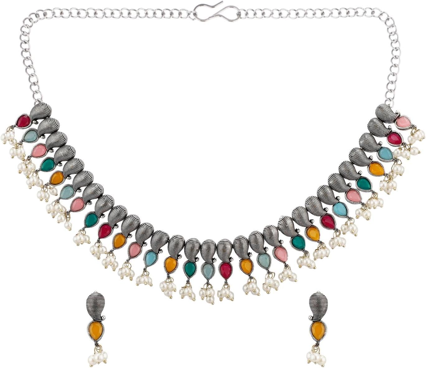 Efulgenz Indian Jewelry Sets for Women Paisely Crystal Stone Necklace Sets with Faux Pearl Drop Dangle Earrings Choker Necklace Earrings Set Bohemian Jewelry Set for Women