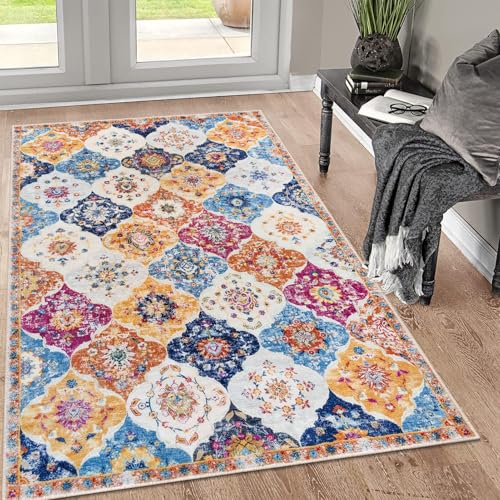 KILOCOCO 3x5 Moroccan Super Soft Area Rug Washable Living Room, Vintage Floral Rug Indoor Non-Slip, Print Faux Wool Accent Indoor Entryway Rug for Laundry Playroom Office, Colorful