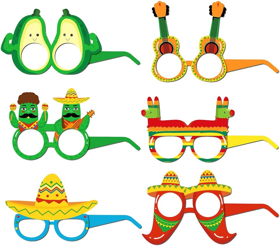 12 Pieces Mexican Fiesta Glasses Mexican Fiesta Party Supplies Glasses Cinco De Mayo Paper Eyewear Avocado Cactus Pepper Pinata Photo Props Fiesta Party Birthday Costume Ideas Decoration