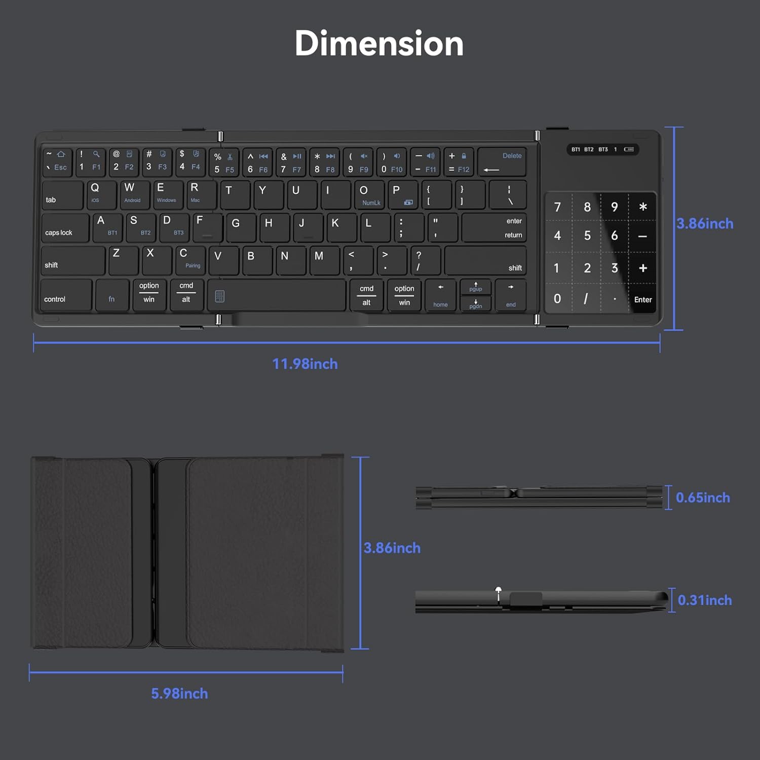 Diagram showing the dimensions of the AUSDOM Sofkeys Air3 keyboard, both unfolded and folded