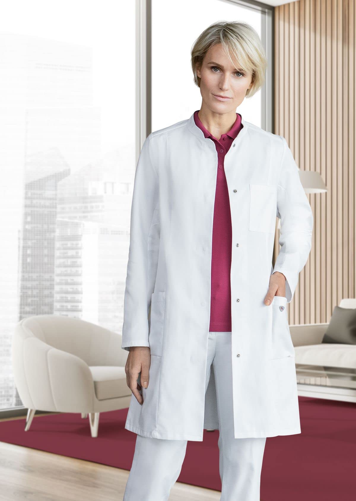 BP 1752-130-0021-38n Bata médica para mujer, manga larga, sistema de elevación de brazos, 205,00 g/m², algodón puro, blanco, 38n