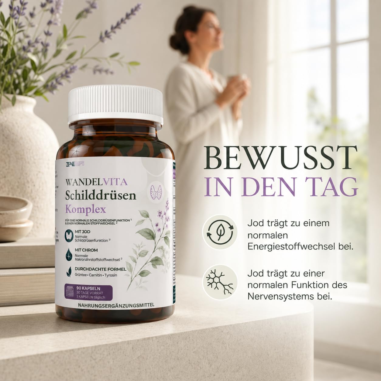 WANDELVITA Schilddrüsenkomplex – 90 vegane Kapseln – mit Jod & Chrom für normale Schilddrüsenfunktion und normalen Makronährstoffstoffwechsel – L-Carnitin, Grüntee, Grünkaffee, Tyrosin