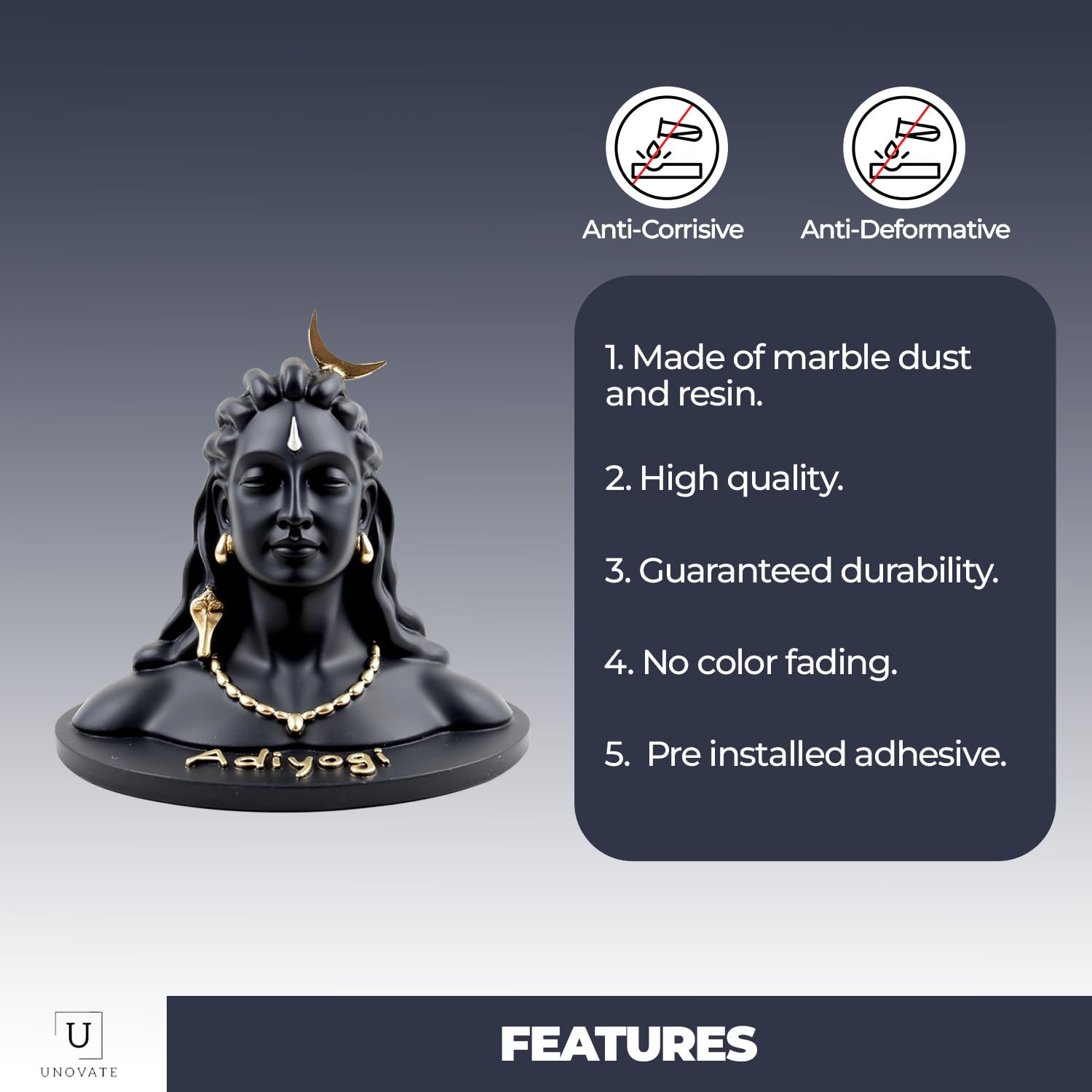 UNOVATE Resin Adiyogi Statue for Car Dashboard, Adiyogi Statue - Small 3 Inch Shiv Idol | Adiyogi Shiva Idol with Pre-Installed Adhesive Tape | Black Color | Made in India - Image 4 thumbnail