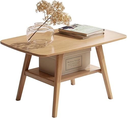 Miniatura 9 de Mesa de centro 100% de madera de roble maciza para sala de estar, mesa pequeña con almacenamiento en estantes, mesas de centro modernas de mediados
