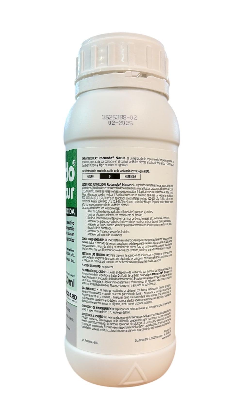 Herbicida total desherbante Rotundo Natur 500ml (225m2). Herbicida no selectivo post emergencia.