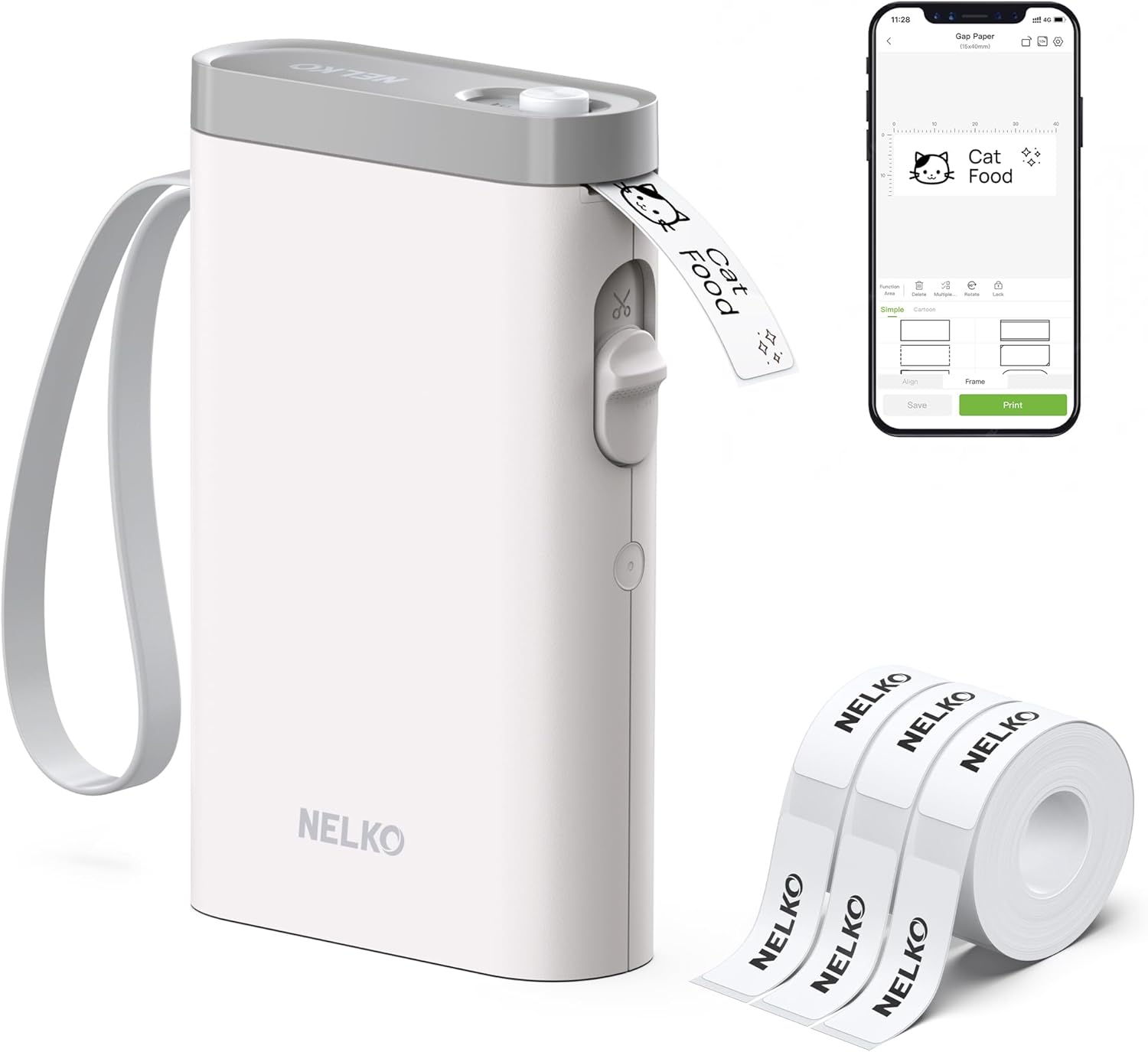 Hero shot of the Nelko P21 in action on a desk, labeling various items